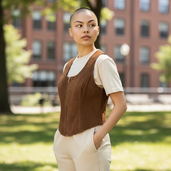 Vintage Nevada Blue Genuine Leather Vest Womens M Brown Zip Western Hippie Boho - Picture 5 of 5